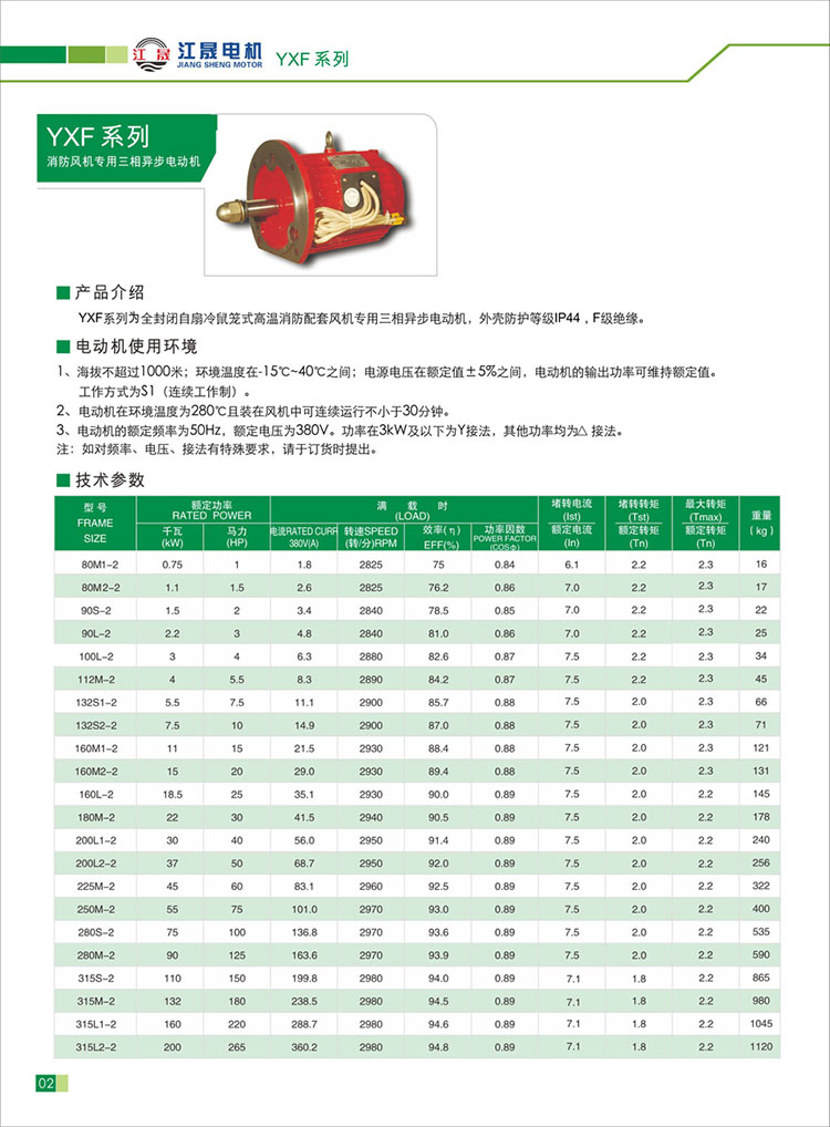 YXF系列江晟高溫消防配套三相異步電動(dòng)機(jī)參數(shù)表